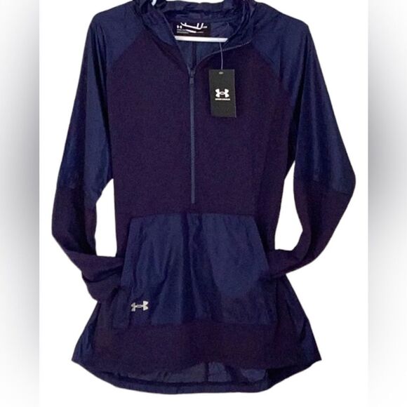 NWT UNDER ARMOUR WOMEN LOOSE CROSS TOWN ANORAK NAVY JACKET WINDBREAKER COATSMALL - Picture 2 of 12